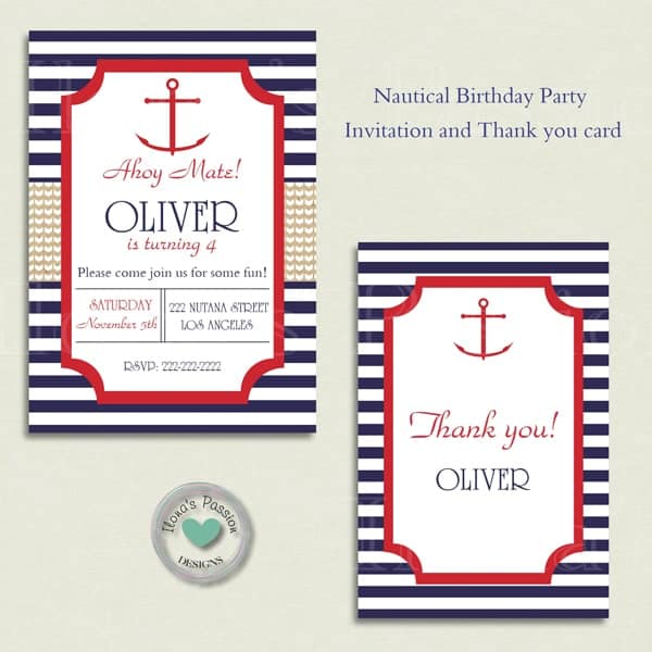 Nautical Birthday Party Printables contains beverage labels, cupcake toppers, wrappers, gift tags etc. Nautical theme in colors navy blue & red with anchor by ilonaspassion.com I @ilonaspassion
