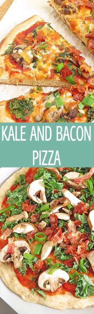 Kale and Bacon Pizza - a pizza made from scratch served with mushrooms, bacon and kale. Topped with cheese. Great party recipe or dinner idea! by ilonaspassion.com I @ilonaspassion