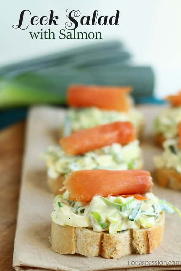 Fancy Leek Salad with Salmon on French Baguette. Impress your guests with this elegant leek salad appetizer! by ilonaspassion.com I @ilonaspassion