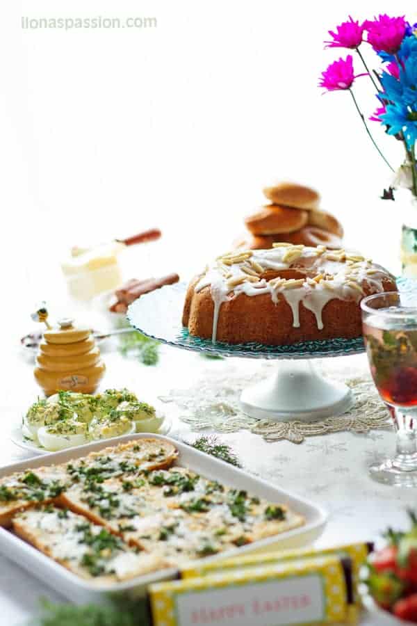 Easter Brunch Menu Ideas - Easter Brunch Menu Ideas with recipes: Almond Bundt cake, Deviled Eggs, Cherry Mint Lemonade, savory appetizers and Easter party decoration ideas by ilonaspassion.com I @ilonaspassion