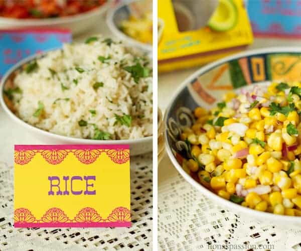Cilantro lime rice with party label and corn salsa.
