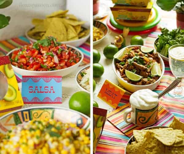 Printable table tents for salsa and meat surrounded by chips, corn, homemade salsa and sour cream.