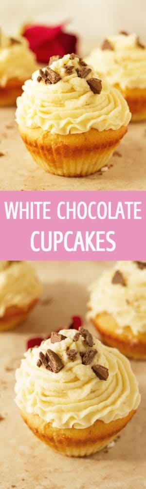 Delicious and moist white chocolate cupcakes recipe with fluffy white chocolate frosting and chocolate chips. Great for party ideas by ilonaspassion.com I @ilonaspassion