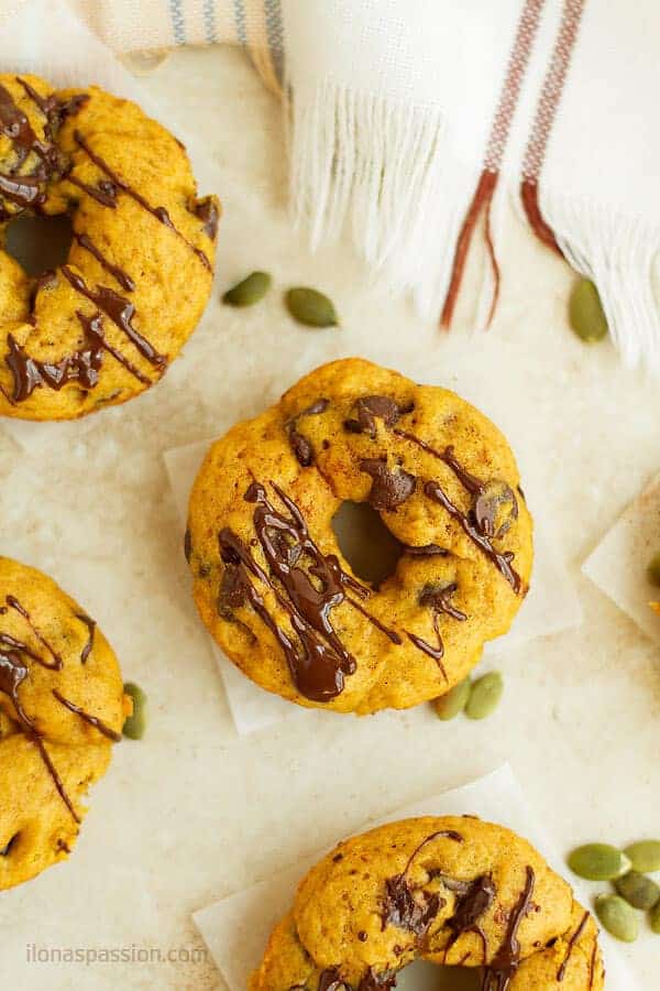 Baked pumpkin doughnuts packed with lots of chocolate chips and baked in only 10-13 minutes.