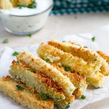 Crunchy zucchini sticks topped with green onion.
