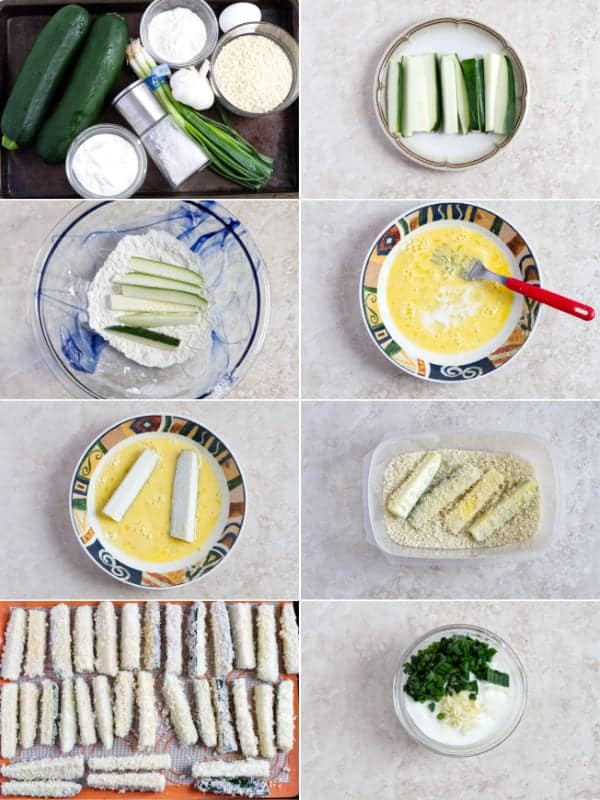 Step by step instructions how to make baked zucchini fries.
