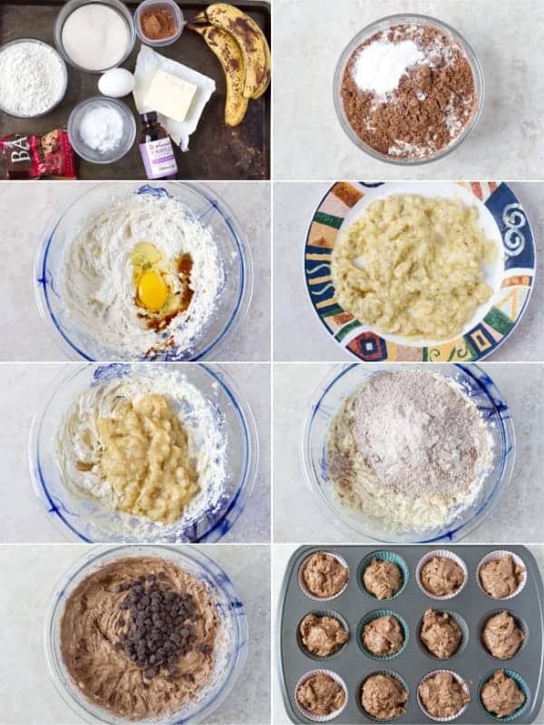 Step by step photos on how to prepare chocolate banana muffins for baking.