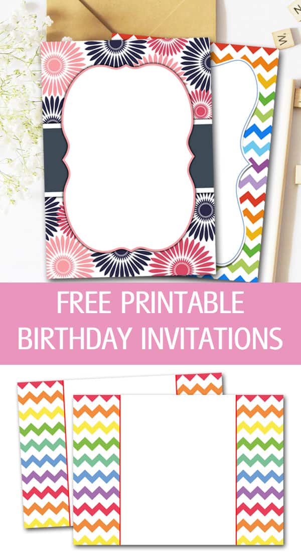 Chevron, rainbow and flower printable birthday invitations for free.
