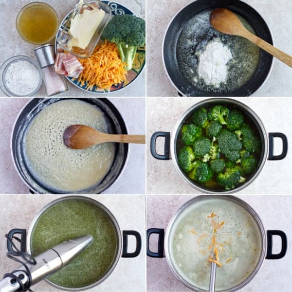 Step by step recipe how to make creamy soups with cheese and broccoli florets.