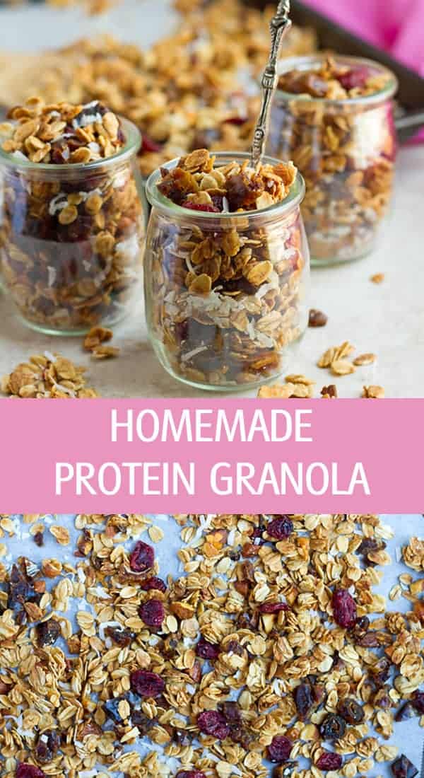 Protein granola made with egg whites topped with dried fruits and coconut.
