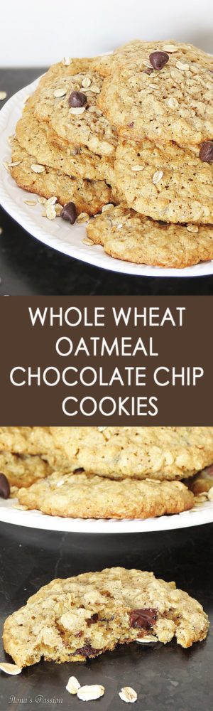 Whole Wheat Oatmeal Chocolate Chip Cookies - Soft, buttery, chewy and delicious whole wheat oatmeal chocolate chip cookies are perfect for snacking, lunch or breakfast! by ilonaspassion.com I @ilonaspassion