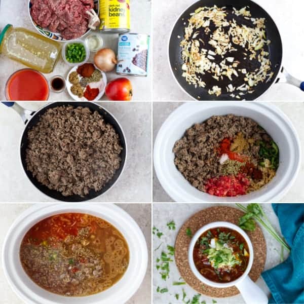 How to make chili in crockpot with beans, tomatoes and spices.