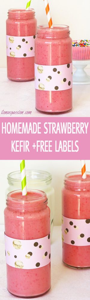 Better than a store-bought strawberry kefir recipe made with sweet strawberries and buttermilk. Sweet and tangy strawberry kefir + Free Printable labels by ilonaspassion.com I @ilonaspassion