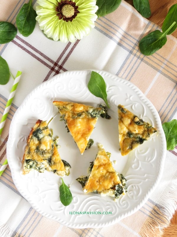 Healthy Feta Spinach Quiche is great for breakfast or brunch. Made with three types of cheese by ilonaspassion.com