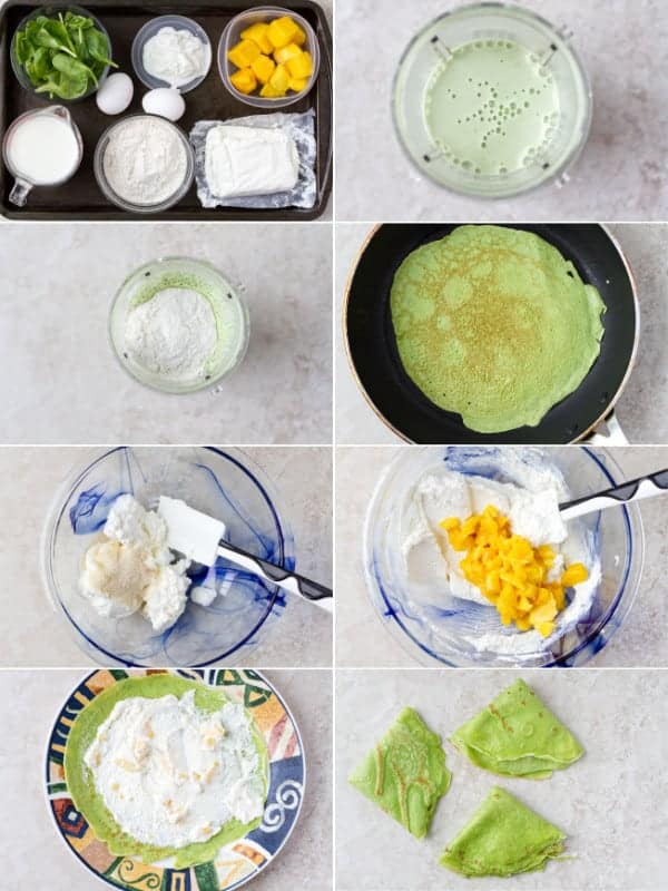 Step by step photos How to make french crepes with ingredients spinach, cheese, eggs.