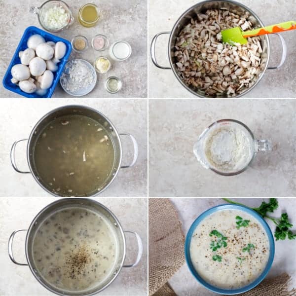 Step by step how to make soups with mushroom, whipping cream, chicken broth and onion