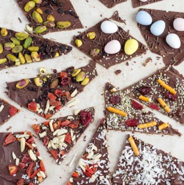 Chocolate thins with pistachios, silvered almonds and other topping.