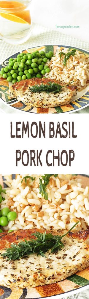 Lemon Basil Pork Chop - Marinated in lemon and basil pork chop is grilled to perfection. Healthy, lemony pork chop is perfect for everyday dinner. Served with rice and green peas by ilonaspassion.com I @ilonaspassion