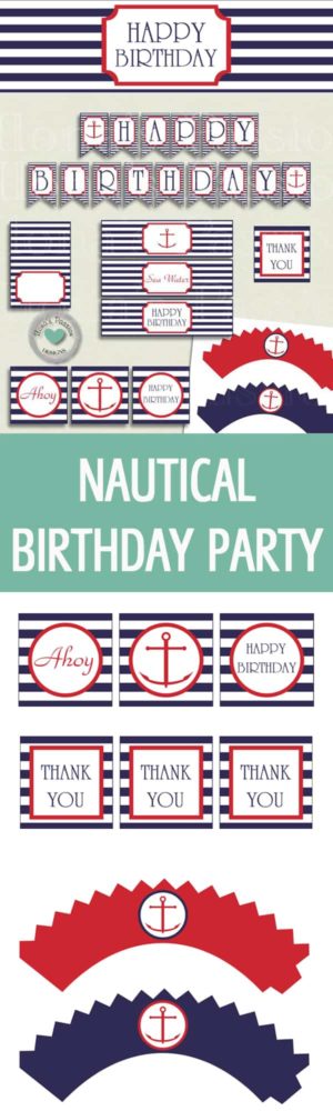 Nautical Birthday Party Printables contains beverage labels, cupcake toppers, wrappers, gift tags etc. Nautical theme in colors navy blue & red with anchor by ilonaspassion.com I @ilonaspassion