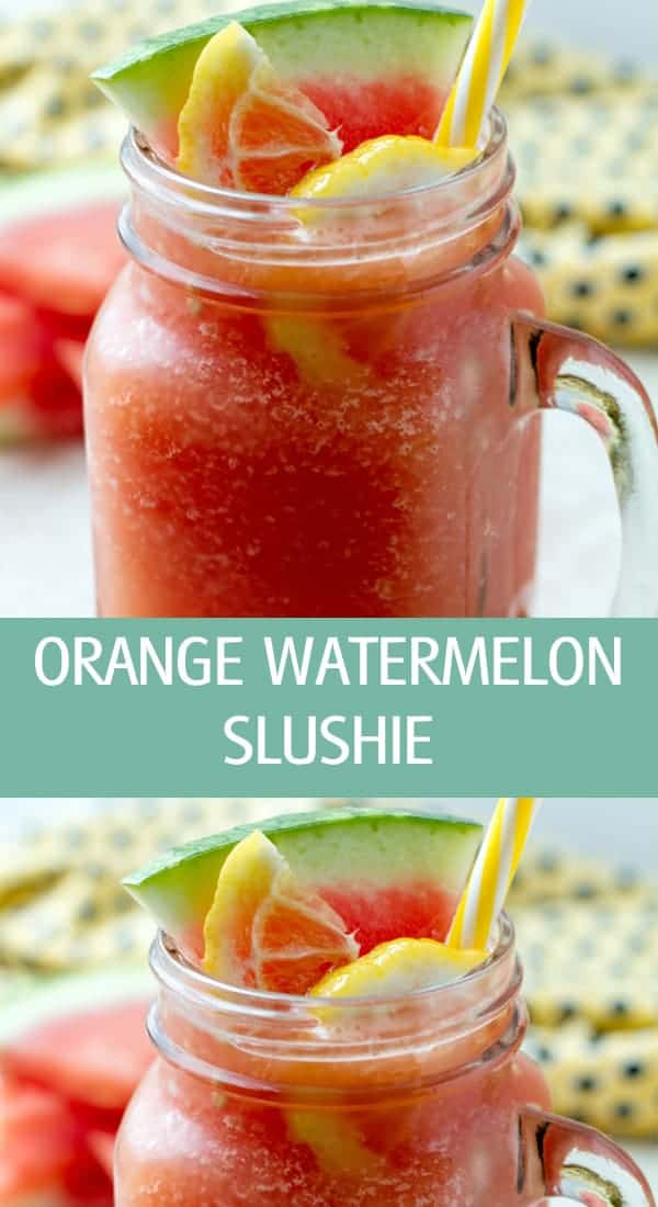 2 photos of blended watermelon slushie poured in a glass jar
