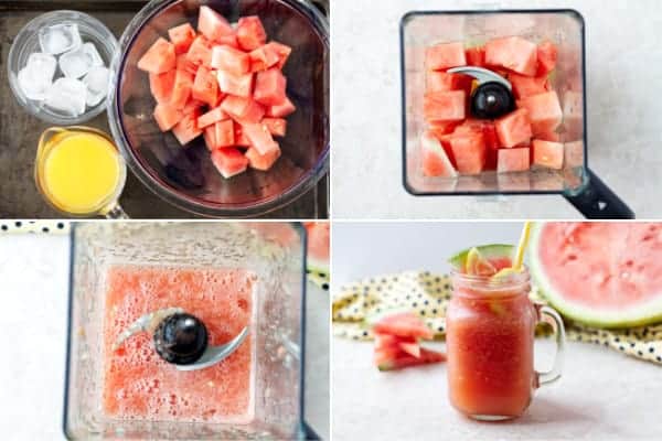 4 photos of step by step on how to blend watermelon cubes with ice and orange juice.