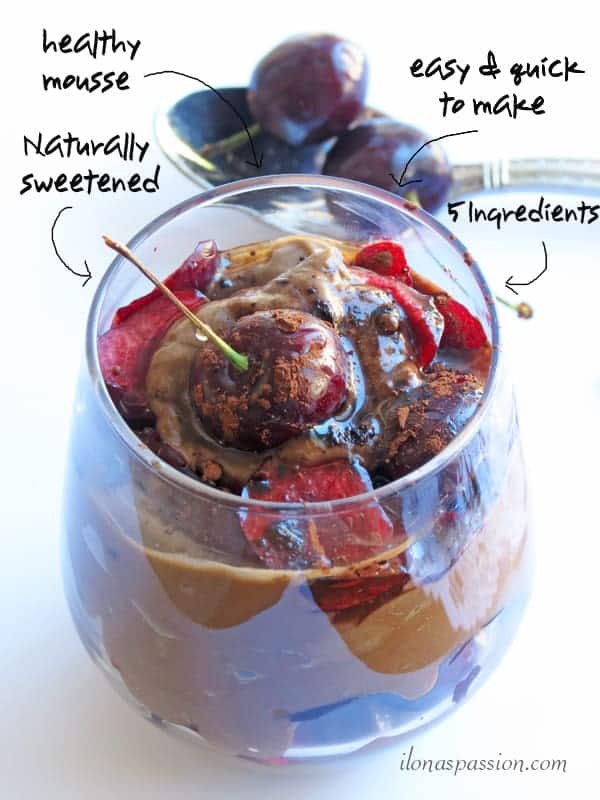 Healthy and naturally sweetened avocado chocolate mousse topped with cherries by ilonaspassion.com