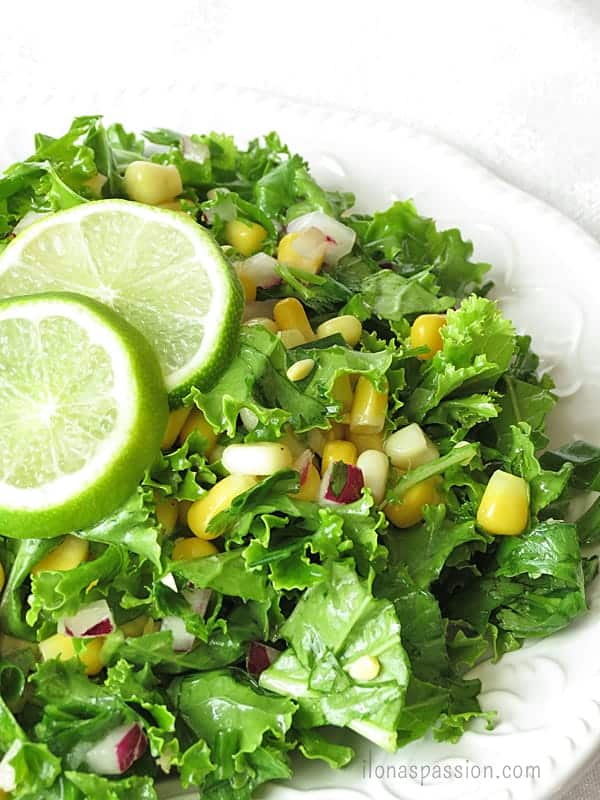 Crunchy Kale Salad with corn, onions and garlic by ilonaspassion.com #kalesalad #kale #recipe