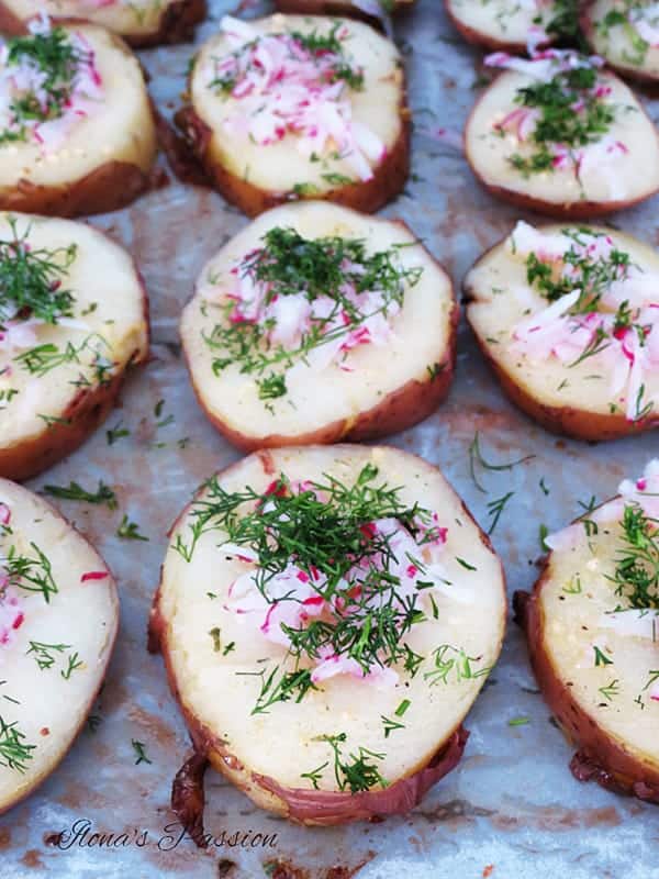 Baked Potatoes with Garlic Butter, Dill and Radishes
