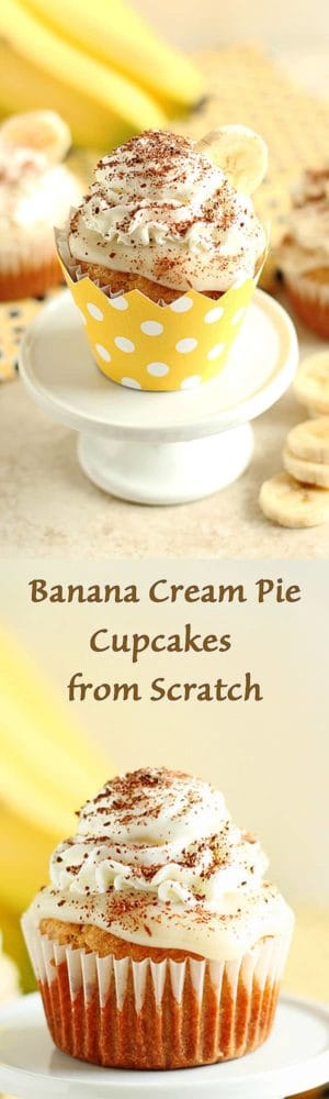 Banana Cream Pie Cupcakes from Scratch - Fluffy and moist banana cream pie cupcakes made from scratch with delicious vanilla pudding and whipped cream frosting. Perfect recipe for a party! by ilonaspassion.com I @ilonaspassion
