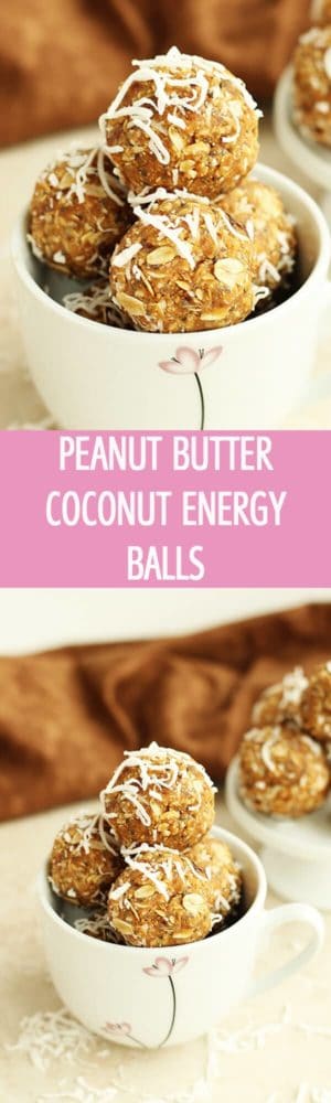 Peanut Butter Coconut Energy Balls - Healthy energy balls recipe made with peanut butter, coconut flakes, dates and chia seeds. These mini bites are perfect for breakfast or snack. Vegan, vegetarian by ilonaspassion.com I @ilonaspassion