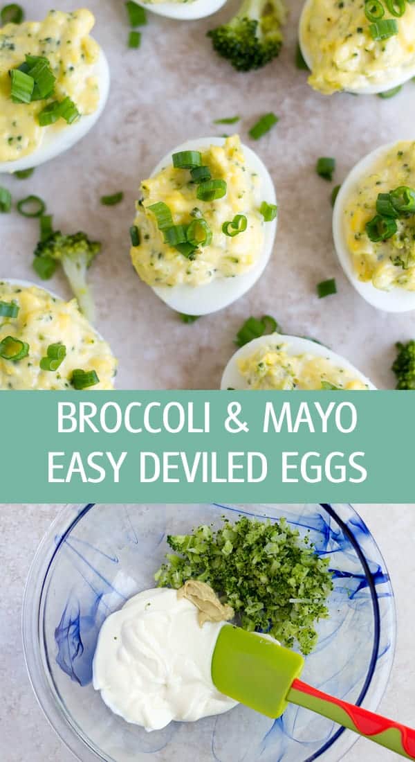 Easy deviled eggs stuffed with cooked broccoli florets and mayonnaise. 