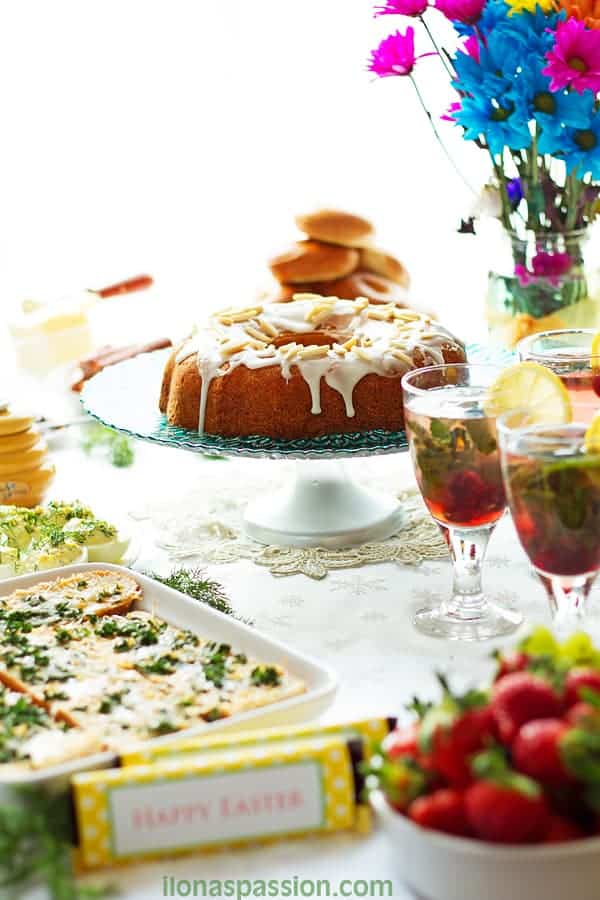 Easter Brunch Menu Ideas - Easter Brunch Menu Ideas with recipes: Almond Bundt cake, Deviled Eggs, Cherry Mint Lemonade, savory appetizers and Easter party decoration ideas by ilonaspassion.com I @ilonaspassion