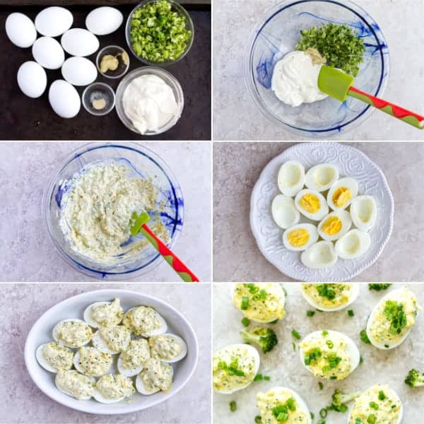 Step by step how to make deviled eggs with veggies, yolks, mayonnaise and dijon. 