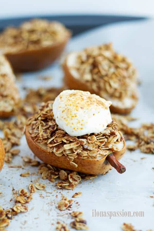 Roasted pears with coconut oil oats stuffing.