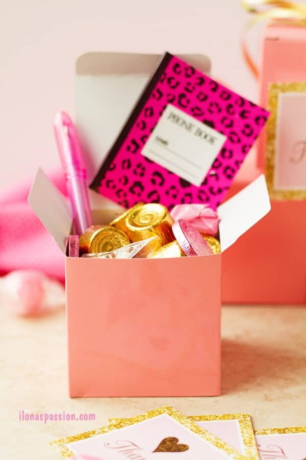 DIY Pink and Gold Birthday Favor Box Idea with chocolate candies, starburst and little notepad with pen. Great for each guest at the pink and gold party! by ilonaspassion.com I @ilonaspassion