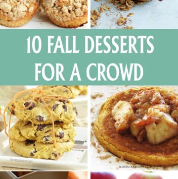 10 fall desserts for a crowd. Yummy autumn inspired recipes including soft pumpkin cookies, apple bars, pumpkin pancakes, crumb muffins, pumpkin bread and baked pear by ilonaspassion.com I @ilonaspassion