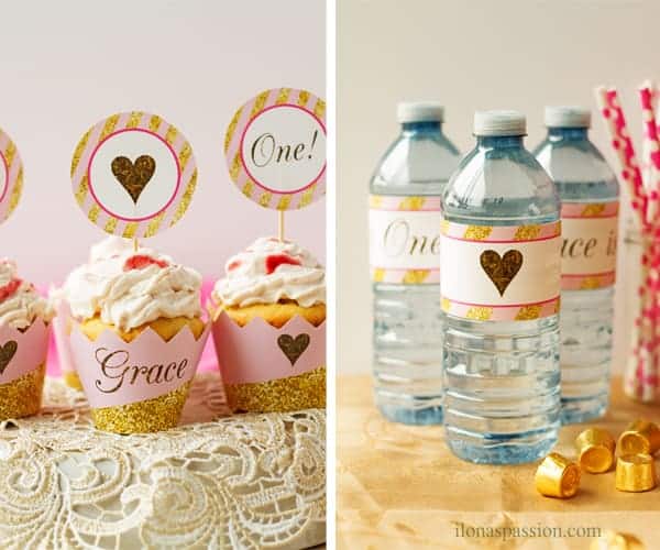 Baby girl 1st birthday with printable beverage labels for water bottles and cupcakes with printable wrappers and toppers.