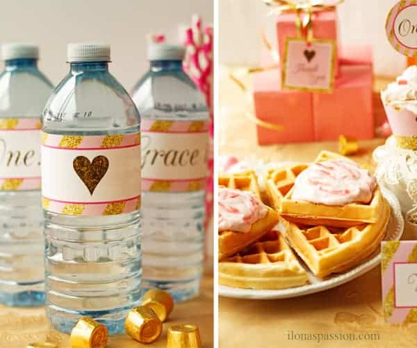 Homemade waffles with strawberry cream cheese and water bottles with pink and gold printable label as 1st birthday theme.