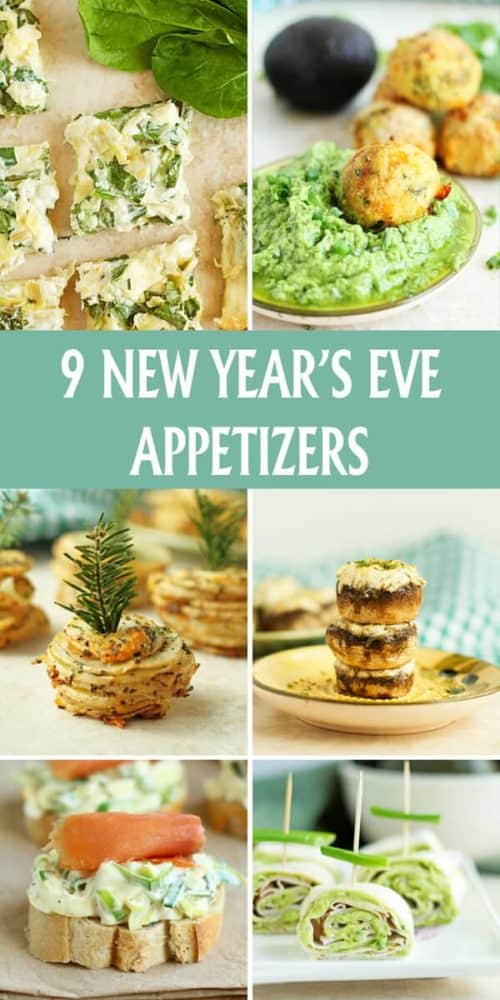 9 New Year's Eve Appetizers including all recipes for stuffed mushrooms, arancini, artichoke spinach flatbread, pinwheels, potato stacks and more! Yummy! by ilonaspassion.com I @ilonaspassion