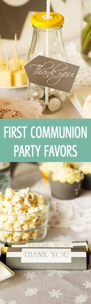 First Communion party favors including chocolate bar wrapper and jar with sweet chocolate kisses. 2 printable gift ideas for First Holy Communion by ilonaspassion.com I @ilonaspassion