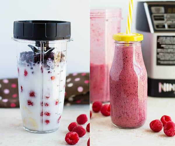 Step by step on how to make a berry smoothie with 3 frozen fruits and coconut milk.