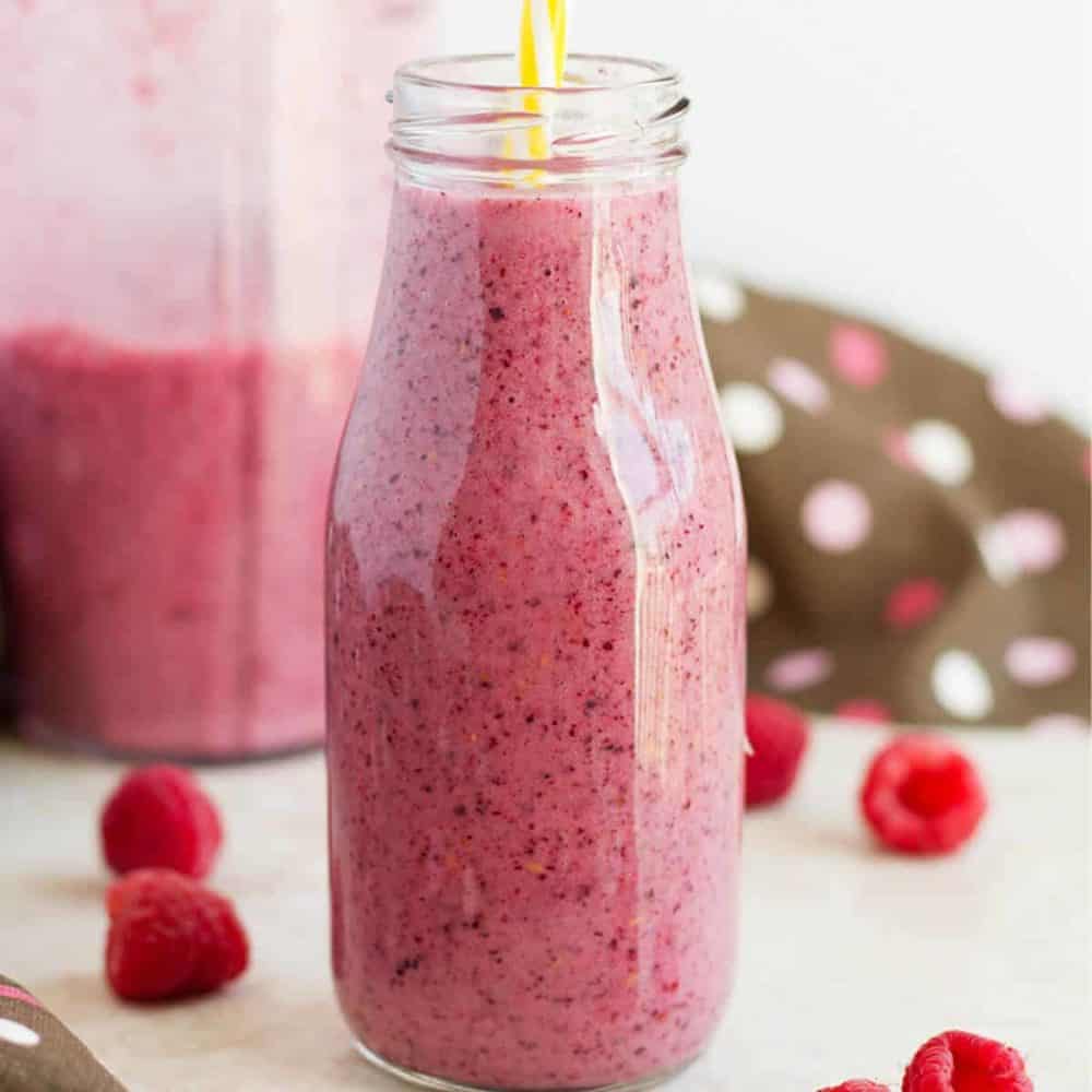 Dairy free berry smoothie sweeten with banana.