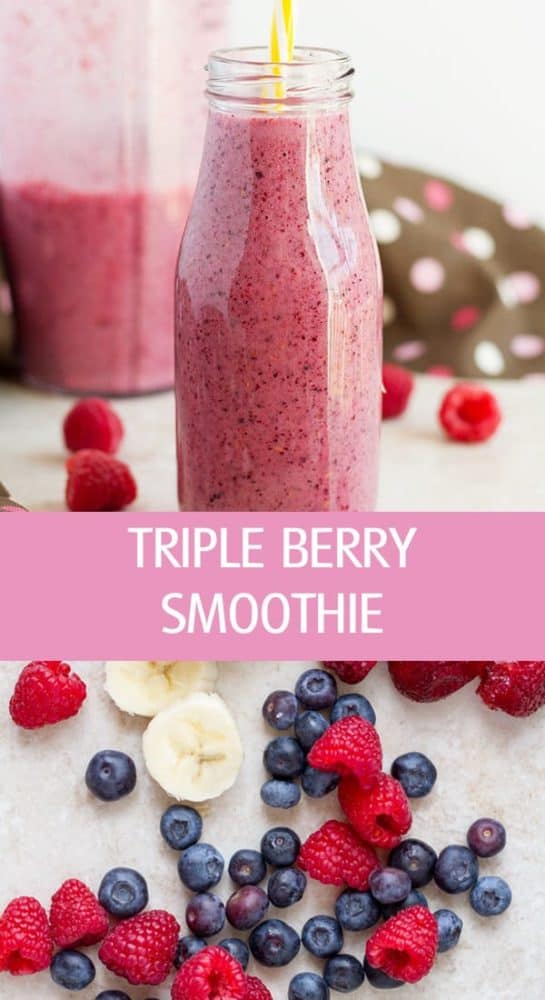 Healthy coconut milk triple berry smoothie with fresh or frozen fruits.