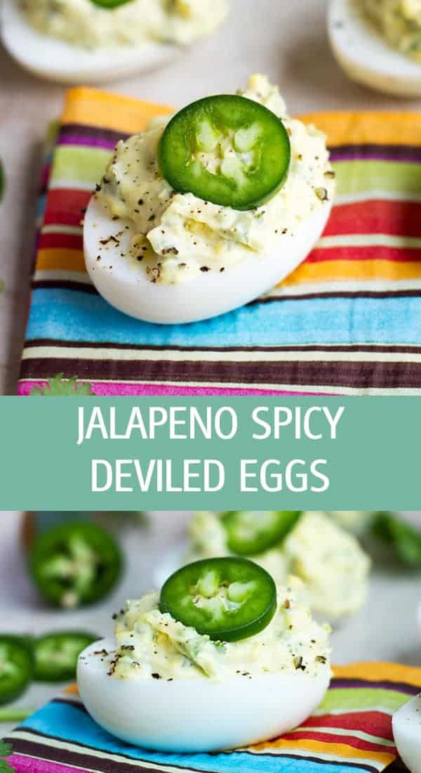 Deviled eggs served on colorful napkin and topped with jalapeno.
