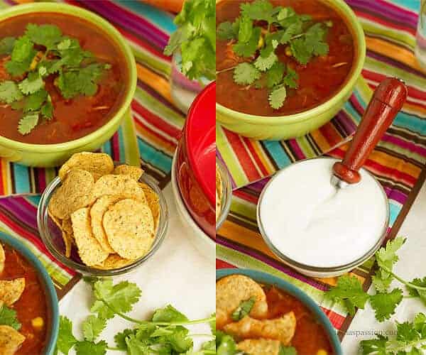 The best toppings for chicken taco soup are sour cream, tortilla chips and cilantro.