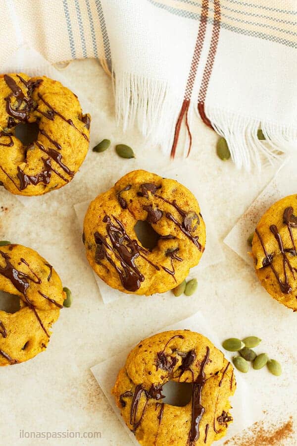 Baked and not fried mini donuts with pumpkin and chocolate.