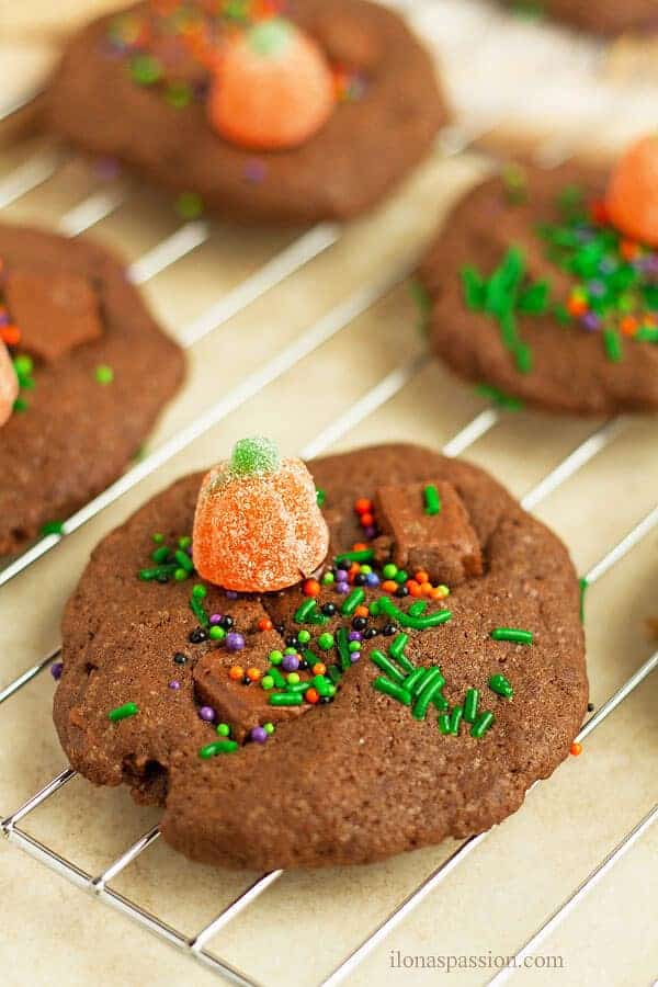 Chocolate chunk cookies with sprinkles and pumpkin candies.