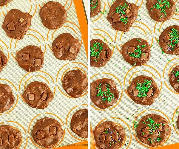 2 photos of double chocolate chunk cookies on baking sheet before baking. One photo is decorated with sprinkles and the other one has lots of chocolate chunks.