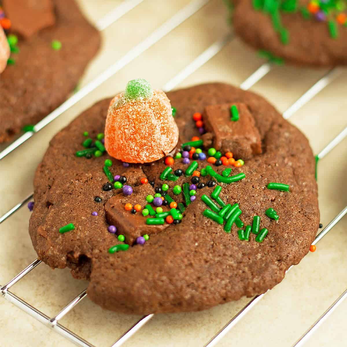 A close up photo of pumpkin patch chocolate chunk cookie decorated with sprinkles orange pumpkin candy.