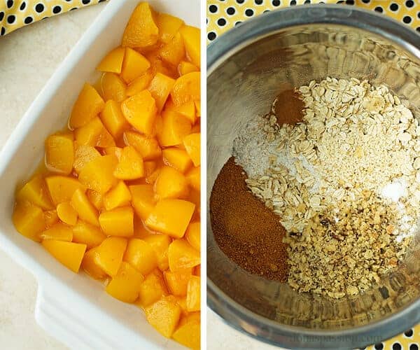 2 photos of step by step crumble with peaches. First photo with diced peaches and second photo with ingredients coconut sugar, oats, seasme, cinnamon, flour.